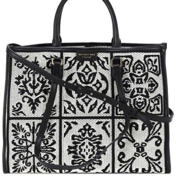 BNWT VIOLA CASTELLANI Italy Crochet Fabric Leather Bag Black White Shoulder Bag